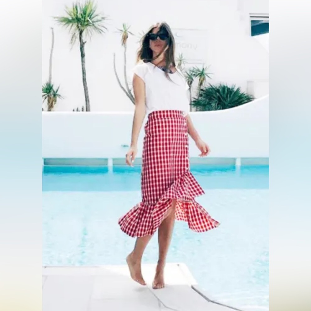 ZARA Red Gingham Ruffle Midi Skirt - Picture 3 of 13